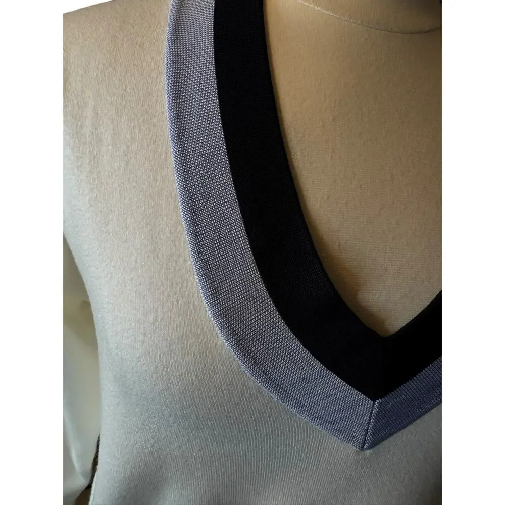Mango NEW V Neck Varsity Sweater Medium Pullover Cream and Blue
